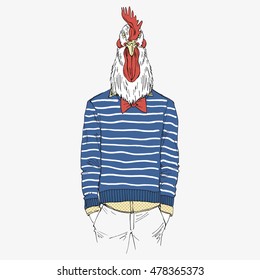 rooster dressed up in french chic style, furry art illustration, fashion birds