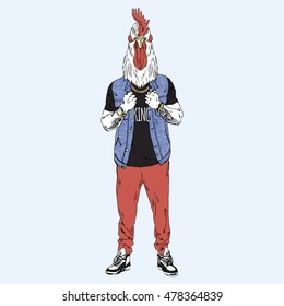 rooster dressed up in hip hop style, furry art illustration, fashion birds