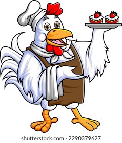 a rooster dressed as a restaurant waiter brings a plate filled with delicious cakes of illustration