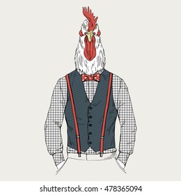 rooster dressed up in retro style, furry art illustration, fashion birds