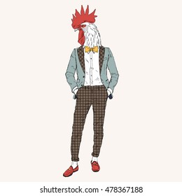 rooster dressed up in trendy suit, furry art illustration, fashion birds