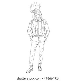 rooster dressed up in trendy suit, furry art illustration, fashion birds