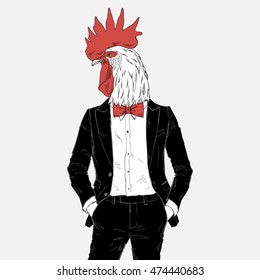 rooster dressed up in tuxedo, anthropomorphic illustration, fashion animals