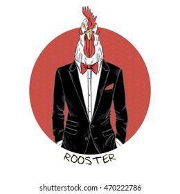 rooster dressed up in tuxedo, Chinese horoscope, anthropomorphic illustration