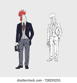 rooster dressed up in vintage victorian suit, furry art illustration, fashion animals