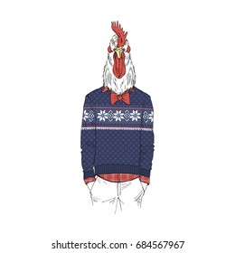 rooster dressed up in winter jacquard sweater, furry art illustration, fashion animals
