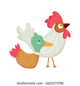 rooster and duck farm animal cartoon vector illustration