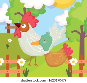 rooster and duck fence flowers trees farm animal cartoon vector illustration