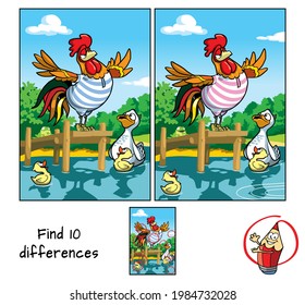 Rooster and ducks. Swimming in the pond. Find 10 differences. Educational game for children. Cartoon vector illustration