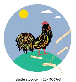  Rooster and ears of wheat - round icon - isolated on white background - vector. Environmental Protection. Animal world.