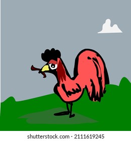 Rooster Eating A Worm Vector Illustration For Children