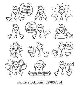 Rooster Emoticons Outline Icons Set, Traditional Celebration, Happy New Year, China, Emoji, Expression, Animal