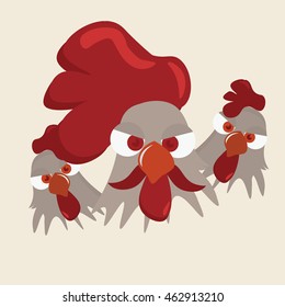 Rooster face vector. Cock with hens. Vector illustration of cute funny birds in a cartoon style. Rooster or Cock fight promo.