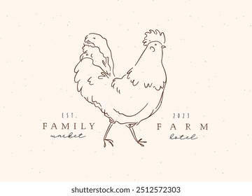 Rooster family farm market with inscription drawing on beige background