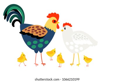 Rooster family. Hen mother, cock father and chickens cartoon vector happy farm characters isolated on white background