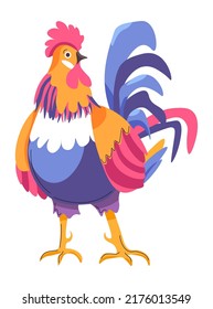 Rooster farm animal with colorful plumage, beak and claws. Isolated peacock domestic avian bird zoo character or cockerel. Natural and organic growth of livestock. Vector in flat style illustration
