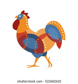 Rooster Farm Bird Colored In Artictic Modern Style Filled With Blue, Red And Orange Geometrical Shapes And Smal Dots Pattern Colorful Illustration