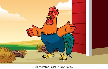 rooster in the farm with cartoon style