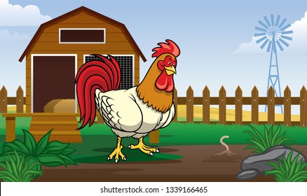 rooster in the farm  yard with cartoon style watching the worm