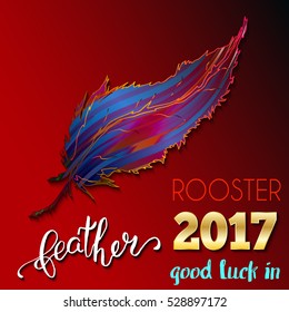 Rooster feather for good luck. The symbol of the Chinese New Year 2017. Calligraphic lettering with hand painted colorful feather on red background.  Vector illustration