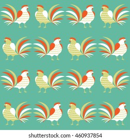 Rooster festive geometric pattern. Vector seamless background.