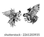 Rooster fighing, angry, hand drawn vector sketch illustration. Black on Transparent background 