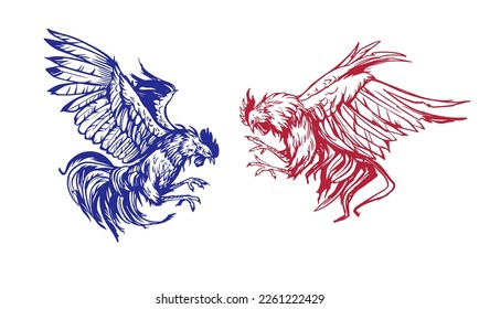 Rooster fighing, angry, hand drawn vector sketch illustration. Black on Transparent background 