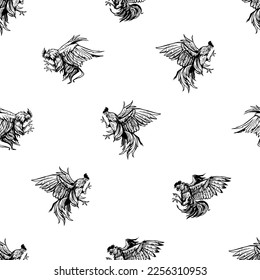 Rooster fighing, seamless pattern design, angry, hand drawn vector sketch illustration. Black on Transparent background 