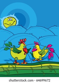 rooster fight, abstract cartoon; vector art illustration