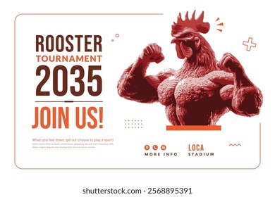 Rooster Fighter Flexing Muscular Arms Poster Design, Physical Strength and Fighting Spirit. Symbolic of Aggression, Dominance and the Primal Instincts of Combat.