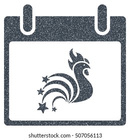 Rooster Fireworks Calendar Day grainy textured icon for overlay watermark stamps. Flat symbol with dirty texture.