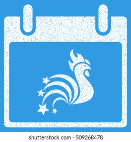 Rooster Fireworks Calendar Day grainy textured icon for overlay watermark stamps. Flat symbol with scratched texture. Dotted vector white ink rubber seal stamp with grunge design on a blue background.