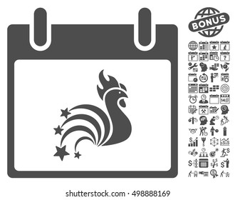 Rooster Fireworks Calendar Day icon with bonus calendar and time management icon set. Vector illustration style is flat iconic symbols, gray, white background.