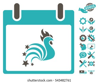 Rooster Fireworks Calendar Day icon with bonus settings clip art. Vector illustration style is flat iconic symbols, grey and cyan, white background.