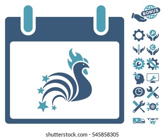 Rooster Fireworks Calendar Day icon with bonus setup tools pictograph collection. Vector illustration style is flat iconic symbols, cyan and blue, white background.