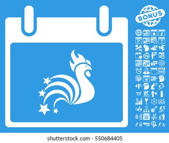 Rooster Fireworks Calendar Day icon with bonus calendar and time management pictograph collection. Vector illustration style is flat iconic symbols, white, blue background.