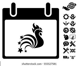 Rooster Fireworks Calendar Day icon with bonus options graphic icons. Vector illustration style is flat iconic symbols, black, white background.