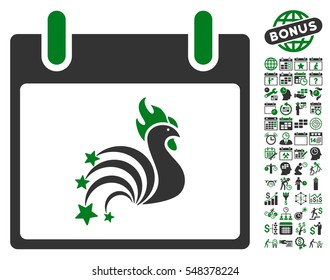 Rooster Fireworks Calendar Day pictograph with bonus calendar and time management pictograms. Vector illustration style is flat iconic symbols, green and gray, white background.