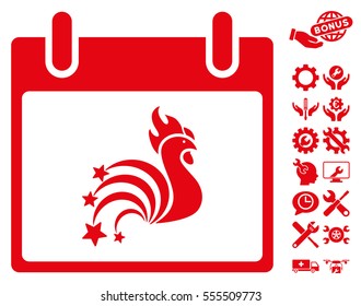 Rooster Fireworks Calendar Day pictograph with bonus setup tools clip art. Vector illustration style is flat iconic symbols, red, white background.