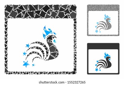 Rooster fireworks calendar page composition of raggy parts in various sizes and color tints, based on rooster fireworks calendar page icon. Vector rough parts are composed into collage.
