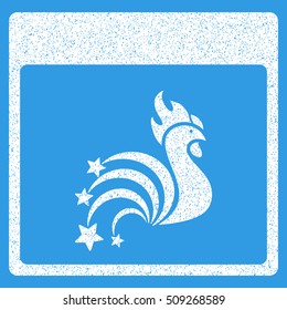 Rooster Fireworks Calendar Page grainy textured icon for overlay watermark stamps. Flat symbol with dust texture. Dotted vector white ink rubber seal stamp with grunge design on a blue background.