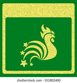 Rooster Fireworks Calendar Page grainy textured icon for overlay watermark stamps. Flat symbol with dust texture. Dotted vector yellow ink rubber seal stamp with grunge design on a green background.