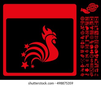 Rooster Fireworks Calendar Page icon with bonus calendar and time management clip art. Vector illustration style is flat iconic symbols, red, black background.