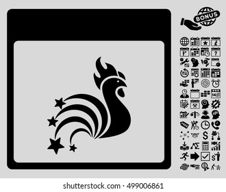 Rooster Fireworks Calendar Page icon with bonus calendar and time management clip art. Vector illustration style is flat iconic symbols, black, light gray background.