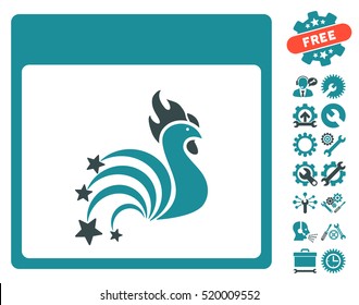Rooster Fireworks Calendar Page icon with bonus configuration pictograph collection. Vector illustration style is flat iconic symbols, soft blue, white background.