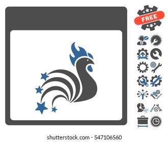 Rooster Fireworks Calendar Page icon with bonus setup tools pictograms. Vector illustration style is flat iconic symbols, cobalt and gray, white background.