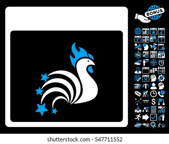 Rooster Fireworks Calendar Page pictograph with bonus calendar and time management graphic icons. Vector illustration style is flat iconic symbols, blue and white, black background.