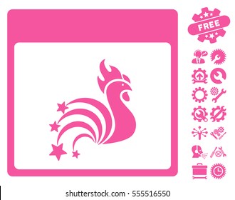 Rooster Fireworks Calendar Page pictograph with bonus configuration graphic icons. Vector illustration style is flat iconic symbols, pink, white background.