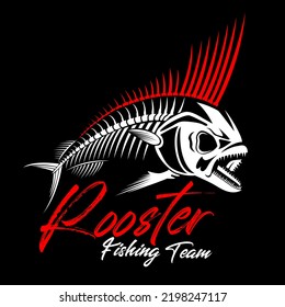 Rooster fish fish skeleton head skull fishing logo on black dark background in modern vintage rustic logo design style template vector illustration