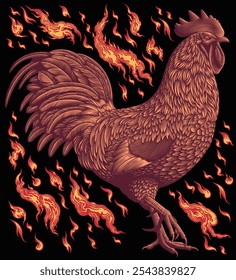 Rooster and the Flames of Fire. Design set. Editable hand drawn illustration. Vector vintage engraving. Isolated on black background. 8 EPS